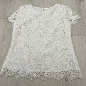 Donna Degnan Lace Overlay Top White‎ Short Sleeve Boat Neck Size 6